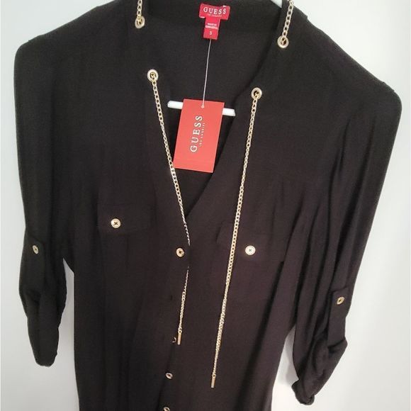 Guess Button Down Tie Dress with Gold Chain Accessory - Picture 3 of 3
